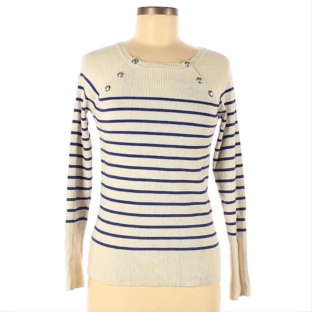 Ralph Lauren Sailor Navy Striped Ribbed Sweater‎ With Silver Button Front Detail